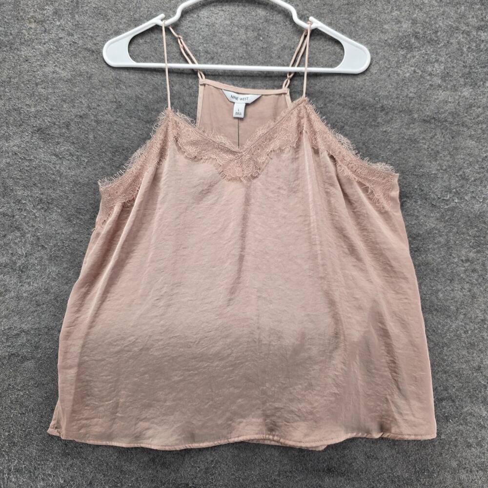 Nine West Tank Camisole Womens L Pink Satin Spaghetti Strap V-Neck Fringe